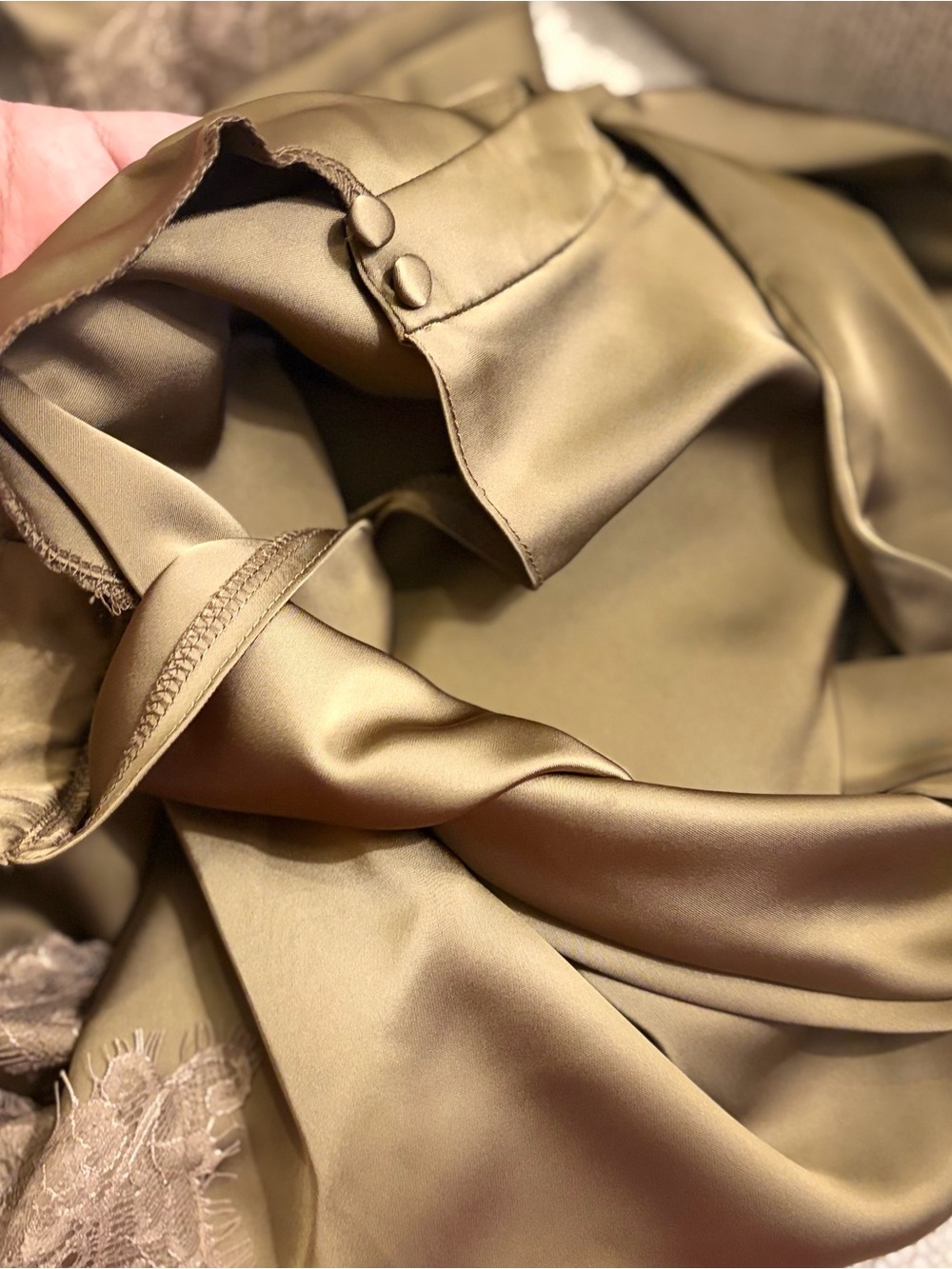 Olive Green Lace-Trim Satin Chemise Nightdress - Picture 5 of 7